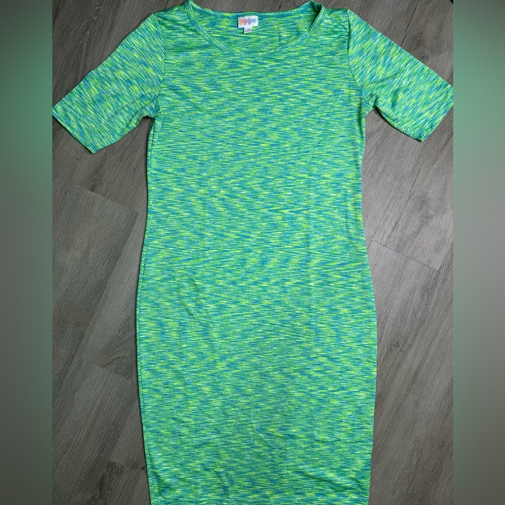 LuLaRoe Julia Dress Women’s Medium M Pencil Dress Neon Blue and Green Stretchy